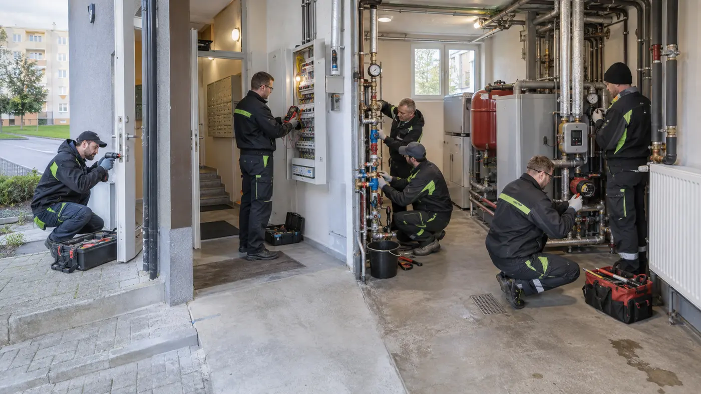 Odborní pracovníci pri údržbe vody, kúrenia a elektroinštalácie
